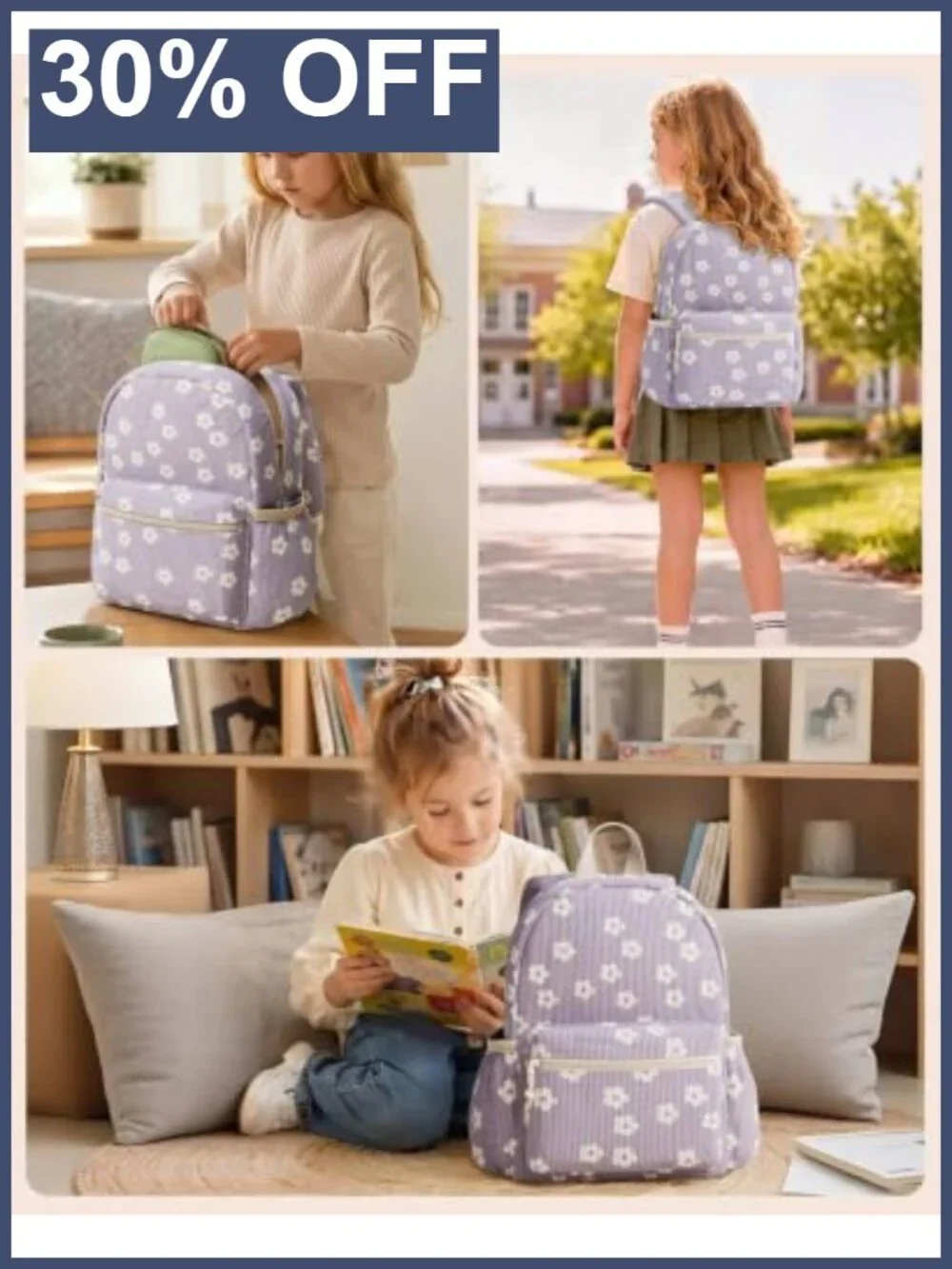 Kids Corduroy Backpack with Floral Print for School, Lightweight Daypack Ages